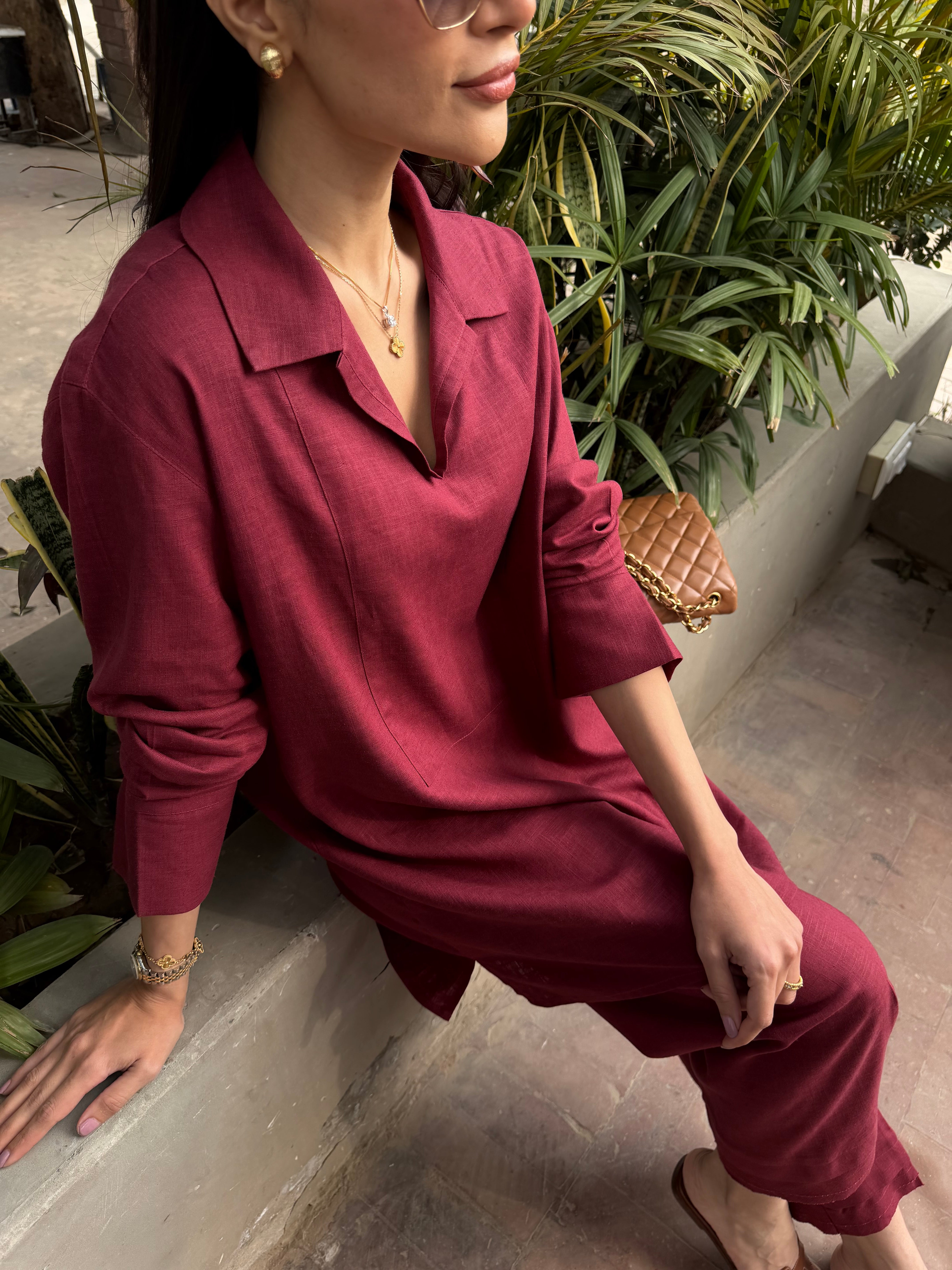 Wine Red Linen Willow Set