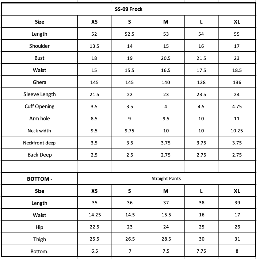 Size Chart (inches)