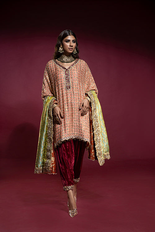 Peach Embellished Box Tunic with Red Velvet Shalwar and Double Sided Kamkhaab Chaadar