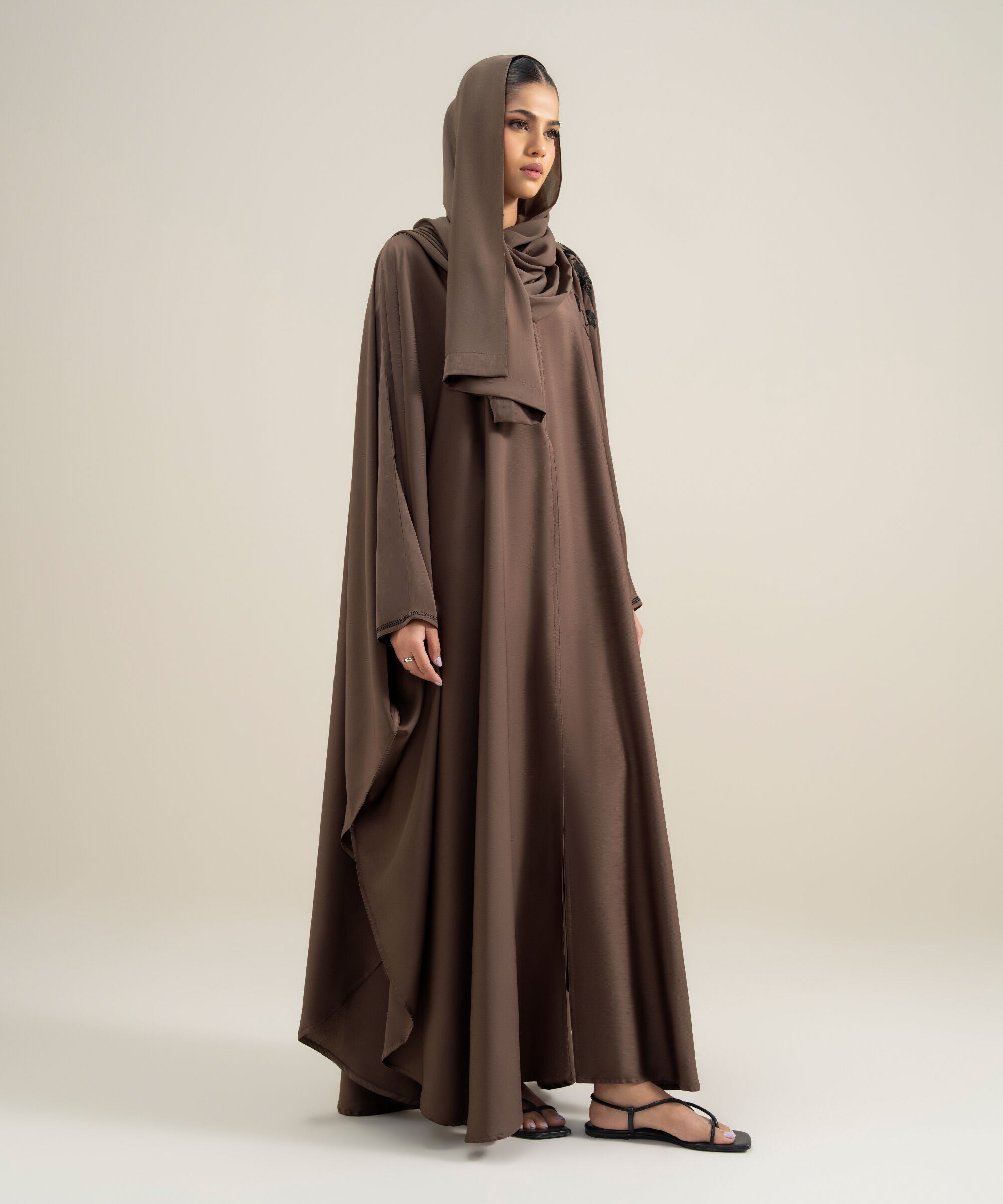 Women's Polyester Brown Embellished Cape Abbaya Set