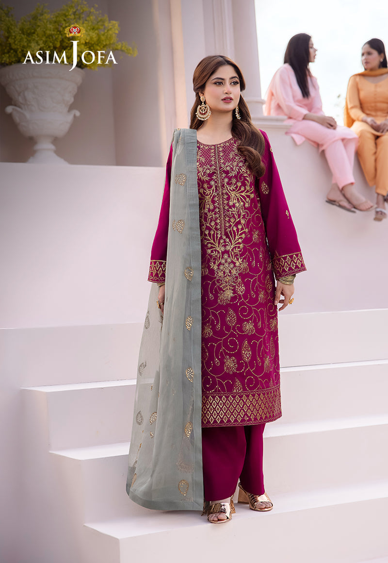 Ajcfb-12 Embroidered Boski Silk Stitched 3 Pcs