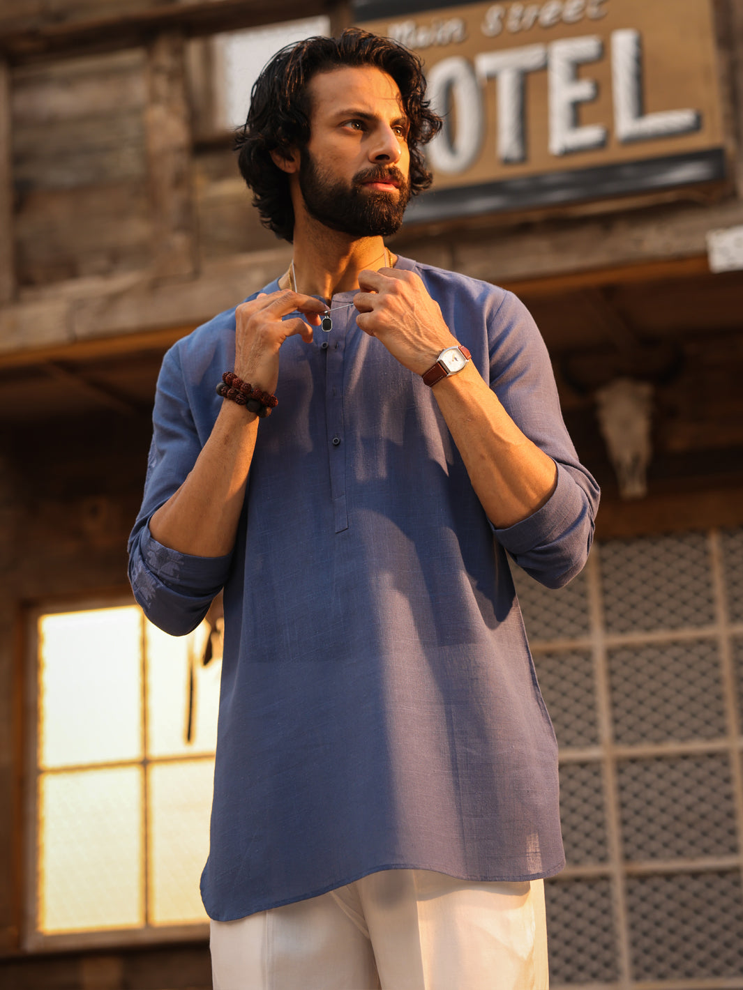 Dark Blue Cotton Semi-Formal Kurta - AL-K-1294