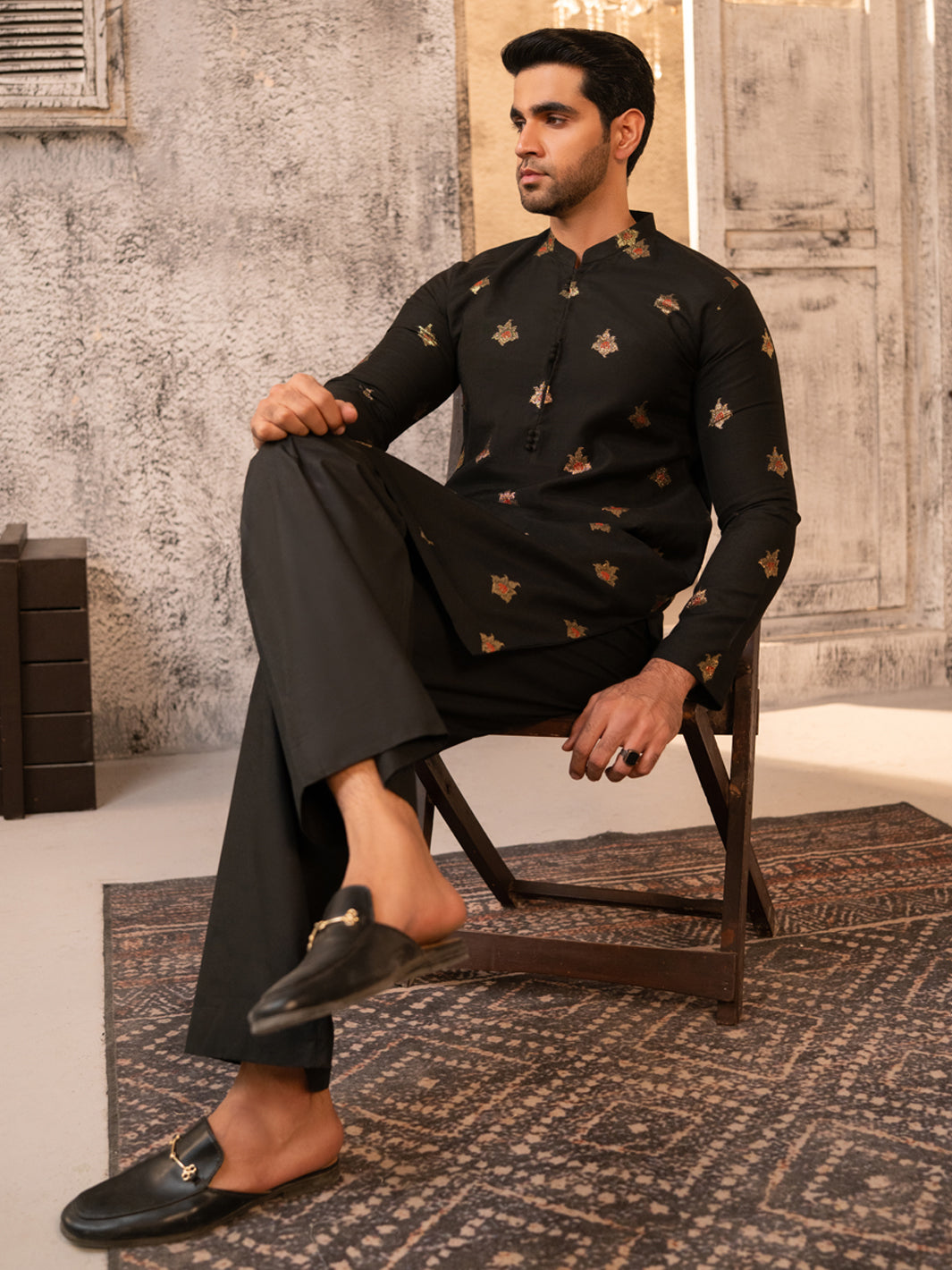 Black Formal Brocade Kurta - AL-K-SP-065