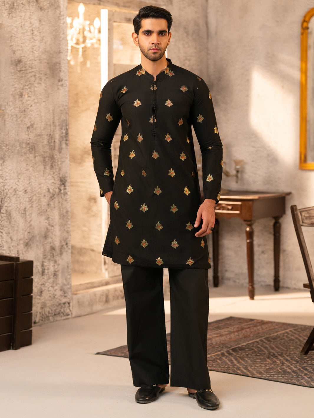 Black Formal Brocade Kurta - AL-K-SP-065