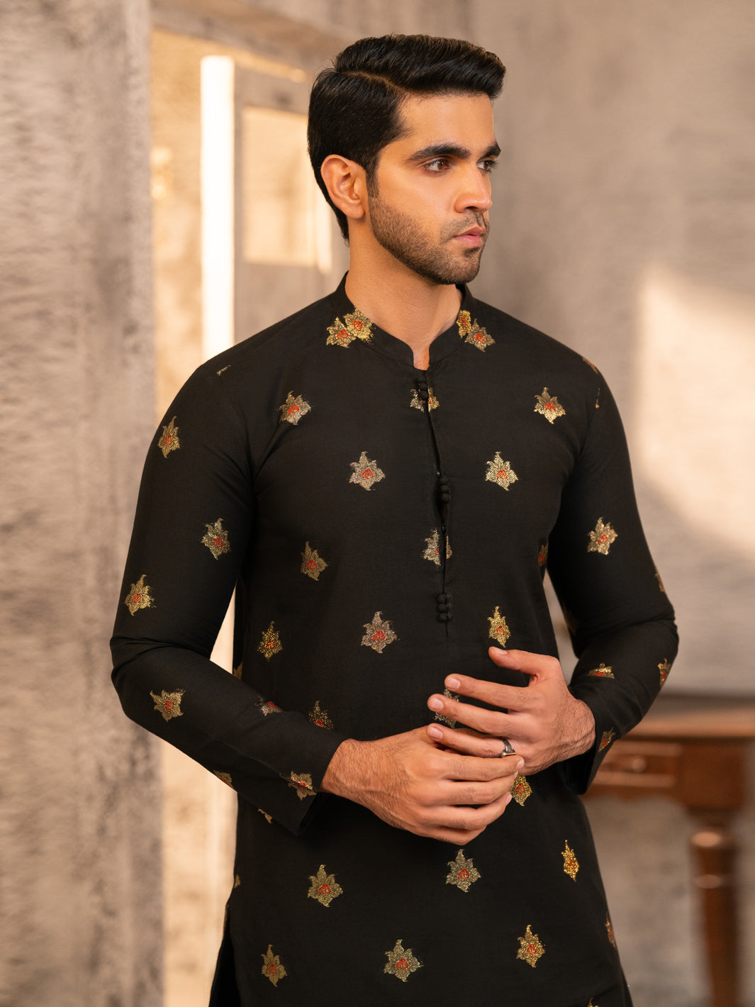 Black Formal Brocade Kurta - AL-K-SP-065