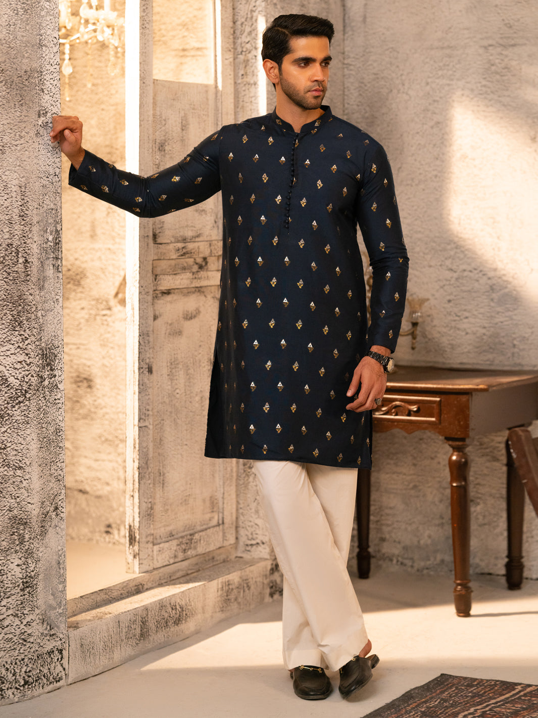 Navy Blue Formal Brocade Kurta - AL-K-SP-071