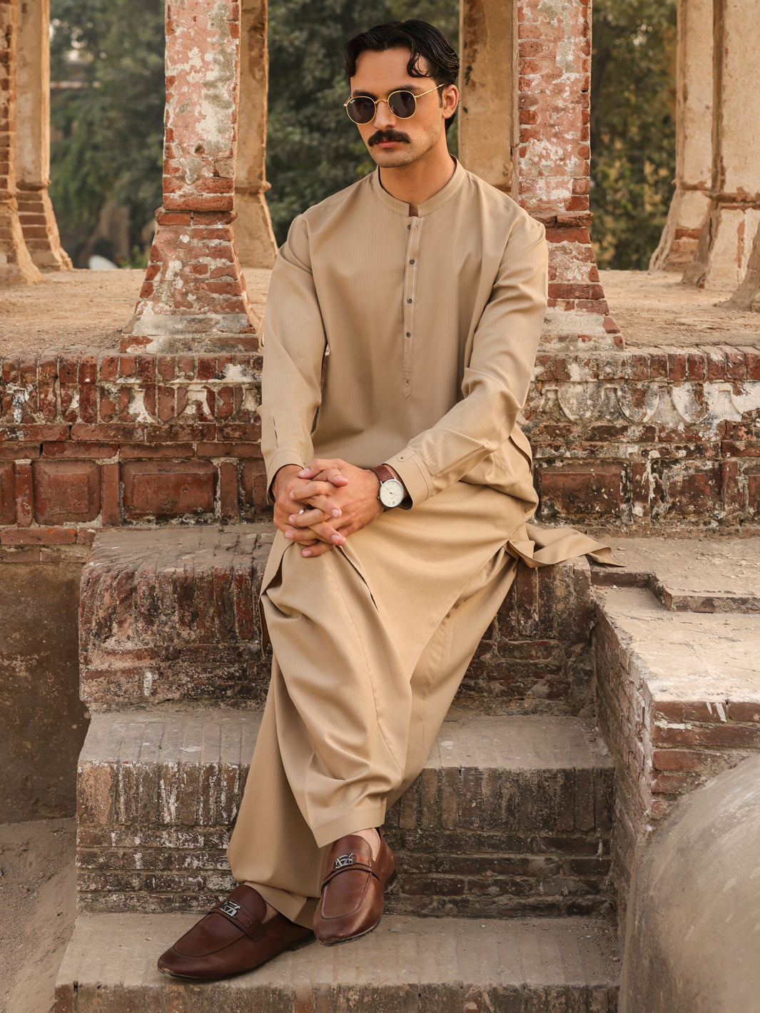 Sand Brown Cut & Sew Kameez Shalwar - AL-KS-3259