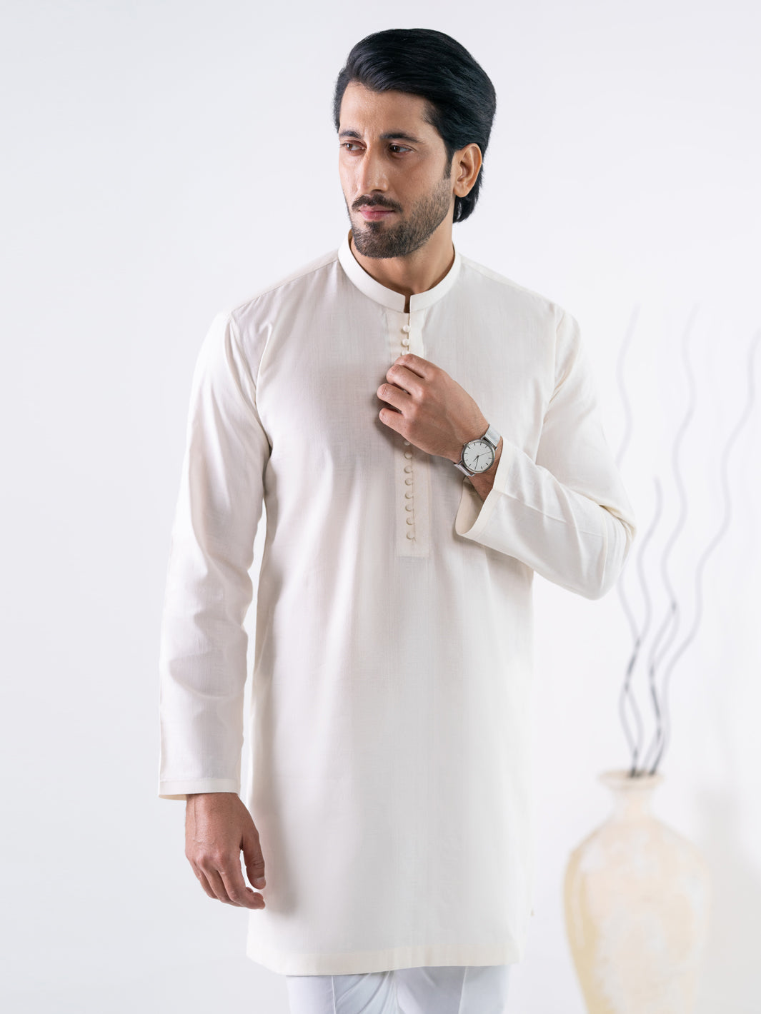 Off White Cotton Screen Print Kurta Trousers - AL-KT-3410