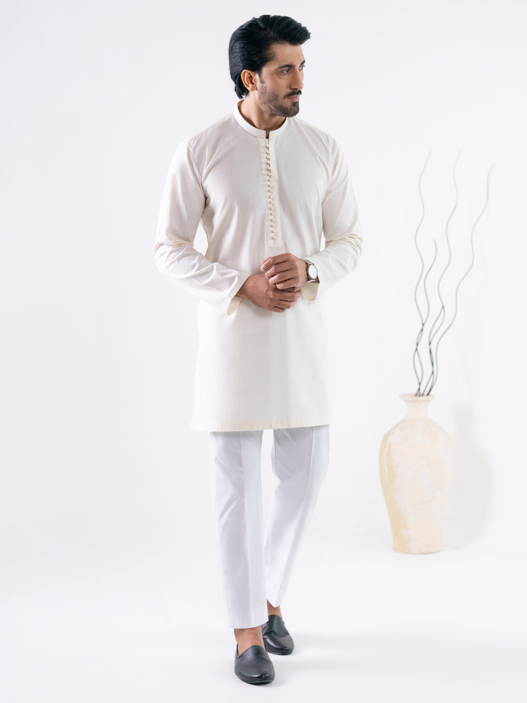 Off White Cotton Screen Print Kurta Trousers - AL-KT-3410
