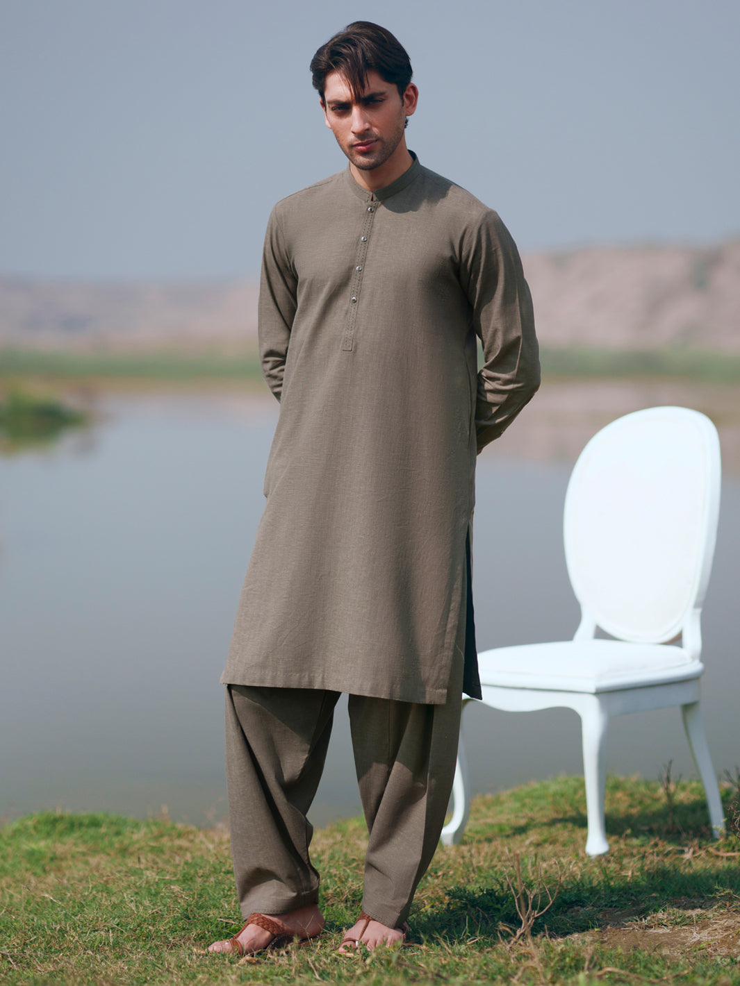 Olive Green Cut & Sew Kameez Shalwar - AL-KS-3509