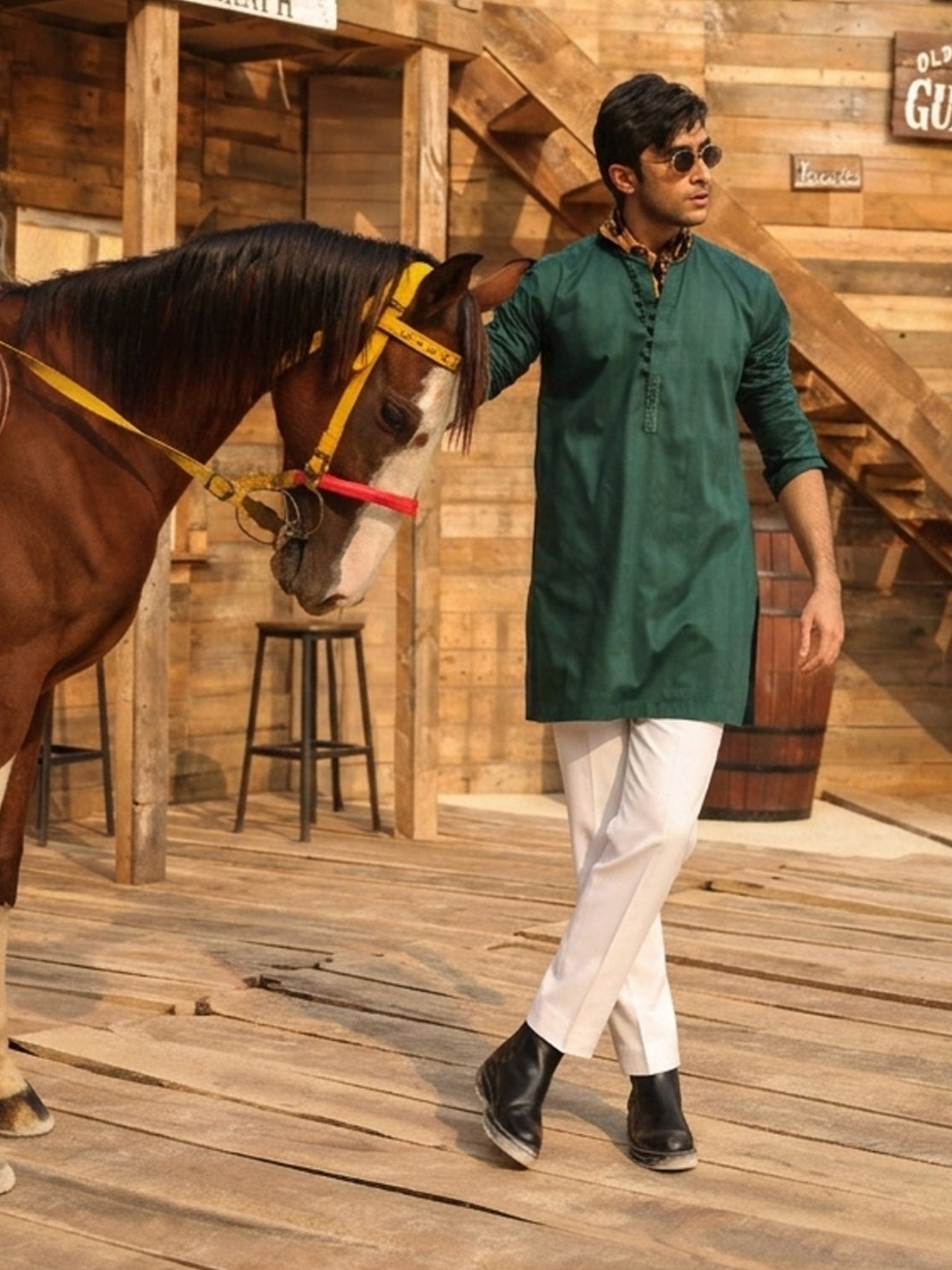 Green Cotton Screen Print Kurta Trousers - AL-KT-3406