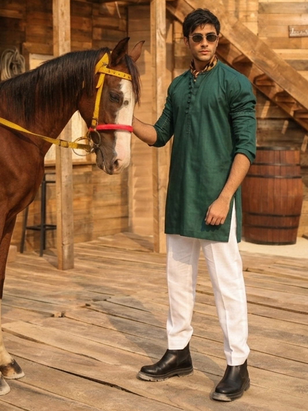 Green Cotton Screen Print Kurta Trousers - AL-KT-3406