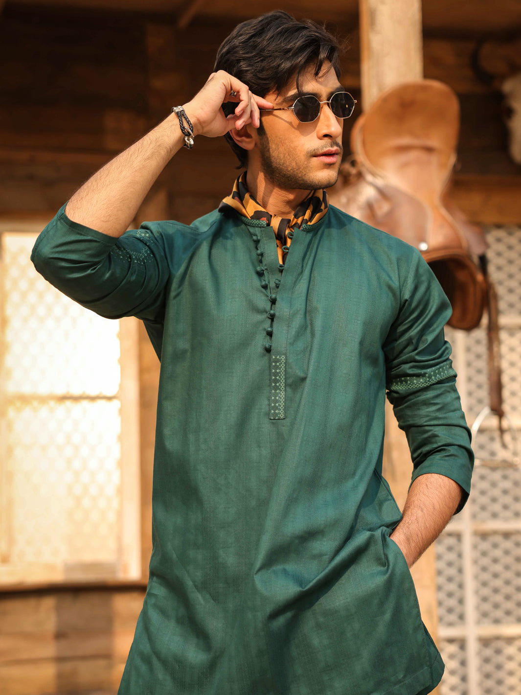 Green Cotton Screen Print Kurta Trousers - AL-KT-3406