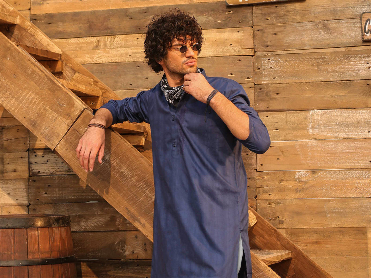 Dark Blue Cotton Screen Printed Kurta Trouser - AL-KT-3408