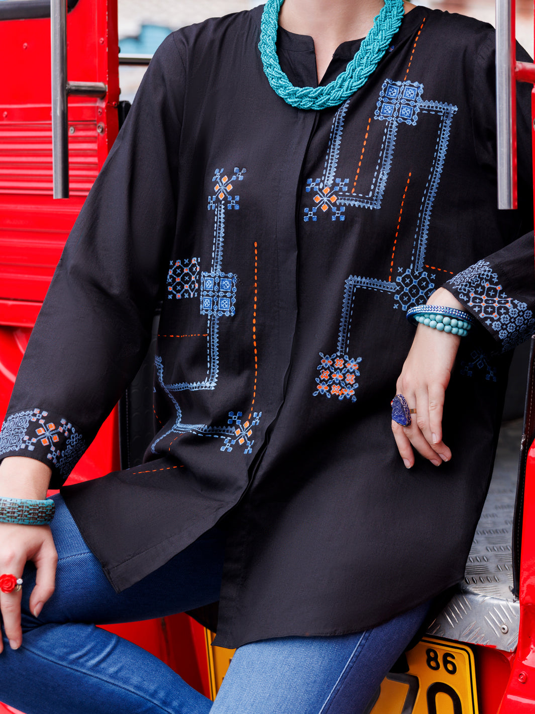 Black Dobby Cotton Tunic - AL-LK-958