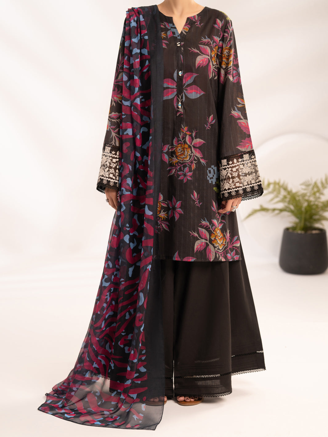 Black Lino Kara Unstitched 3Pc - ALP-3PS-2455