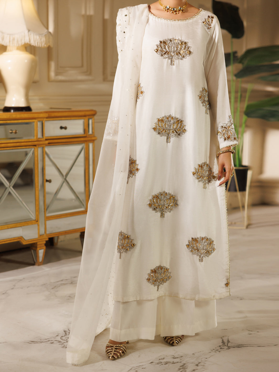 White Raw Silk Formal Stitched 3Pc - AL-3PS-LS-607