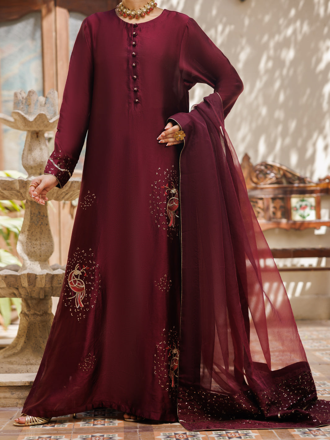 Magenta Sheesha Silk Formal Stitched 3Pc- AL-3PS-LS-629
