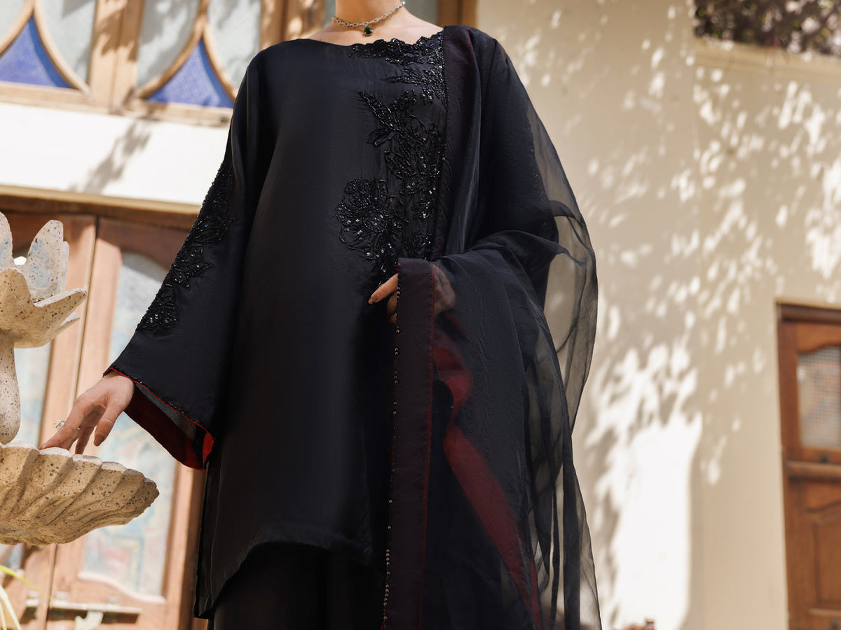 Black Taffeta Silk Formal Stitched 3Pc- AL-3PS-LS-630