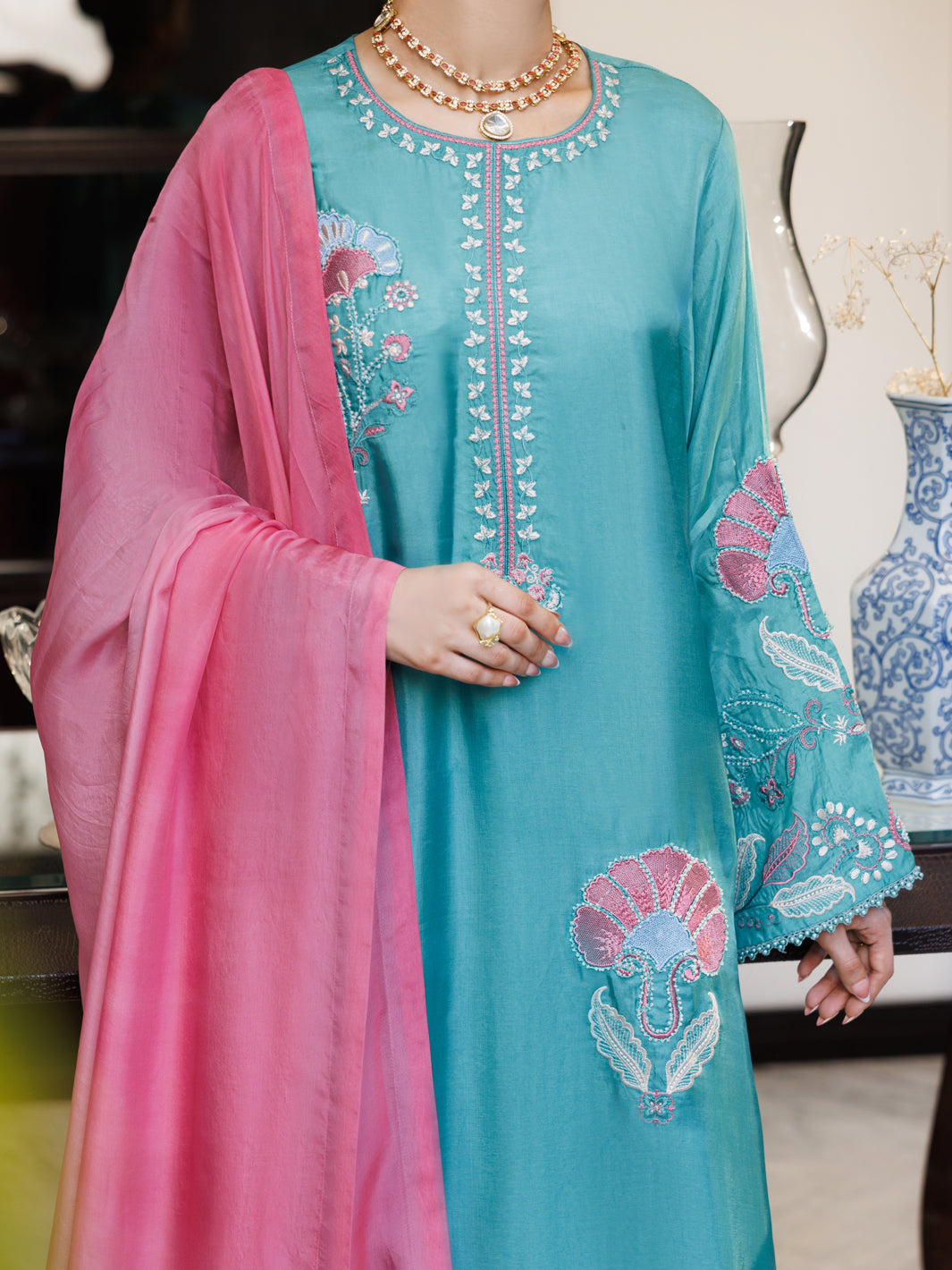 Turquoise Sheesha Silk Formal 3Pc Stitched - AL-3PS-LS-631