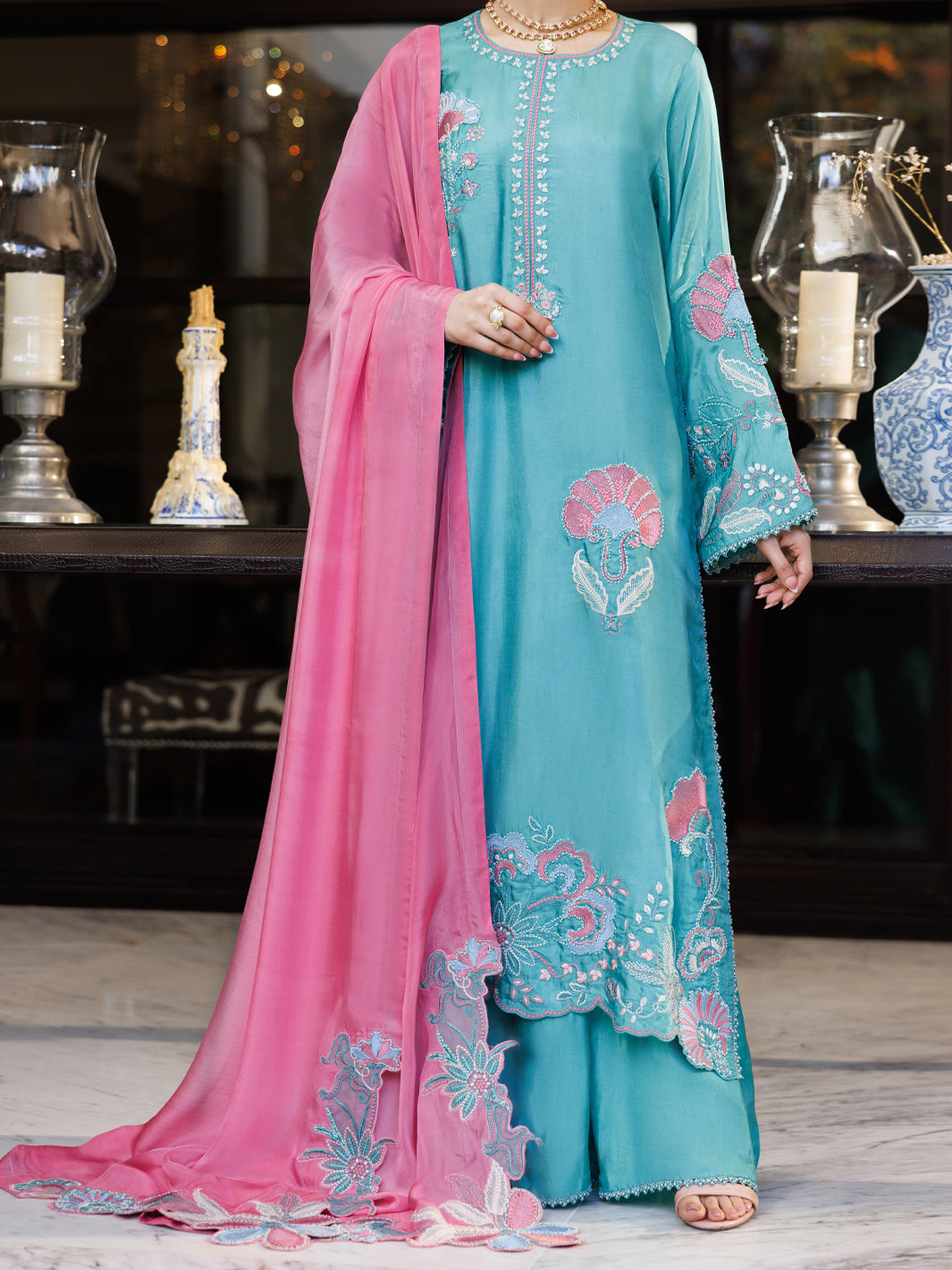 Turquoise Sheesha Silk Formal 3Pc Stitched - AL-3PS-LS-631