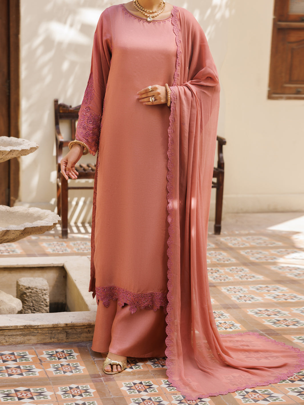 Tea Pink Taffeta Silk Formal 3Pc Stitched - AL-3PS-LS-635