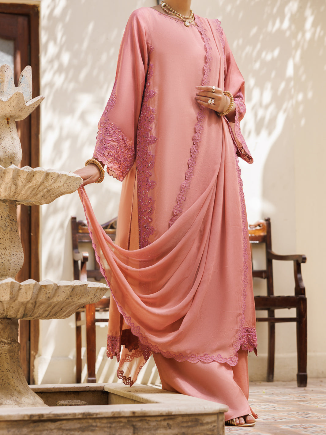 Tea Pink Taffeta Silk Formal 3Pc Stitched - AL-3PS-LS-635