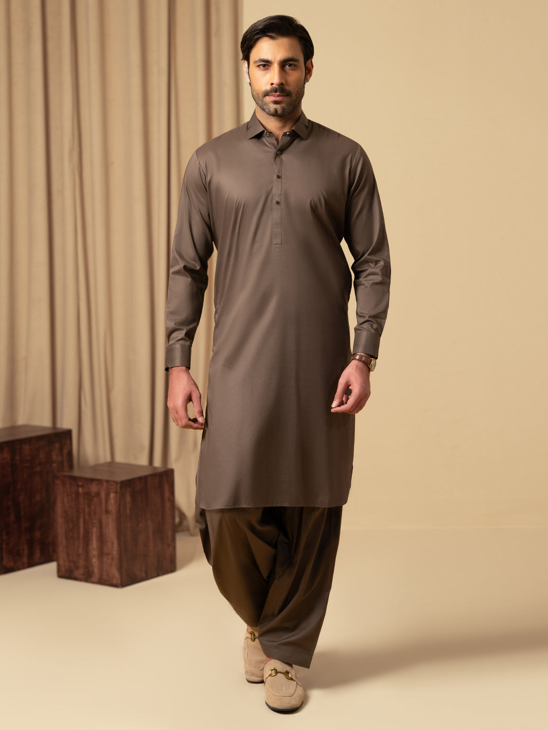 Brown Cotton Kameez Shalwar - ALWA-KS-583