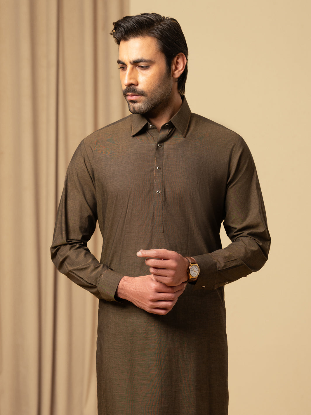 Dark Brown Cotton Kameez Shalwar - ALWA-KS-585