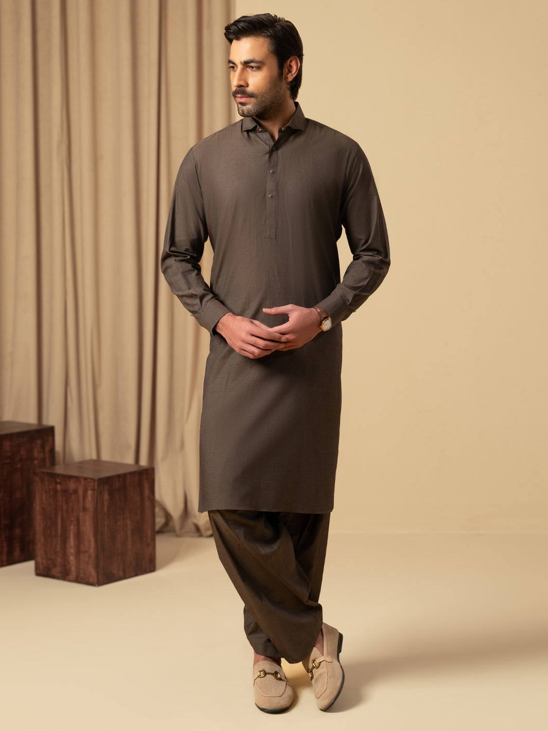 Brown Cotton Kameez Shalwar - ALWA-KS-599