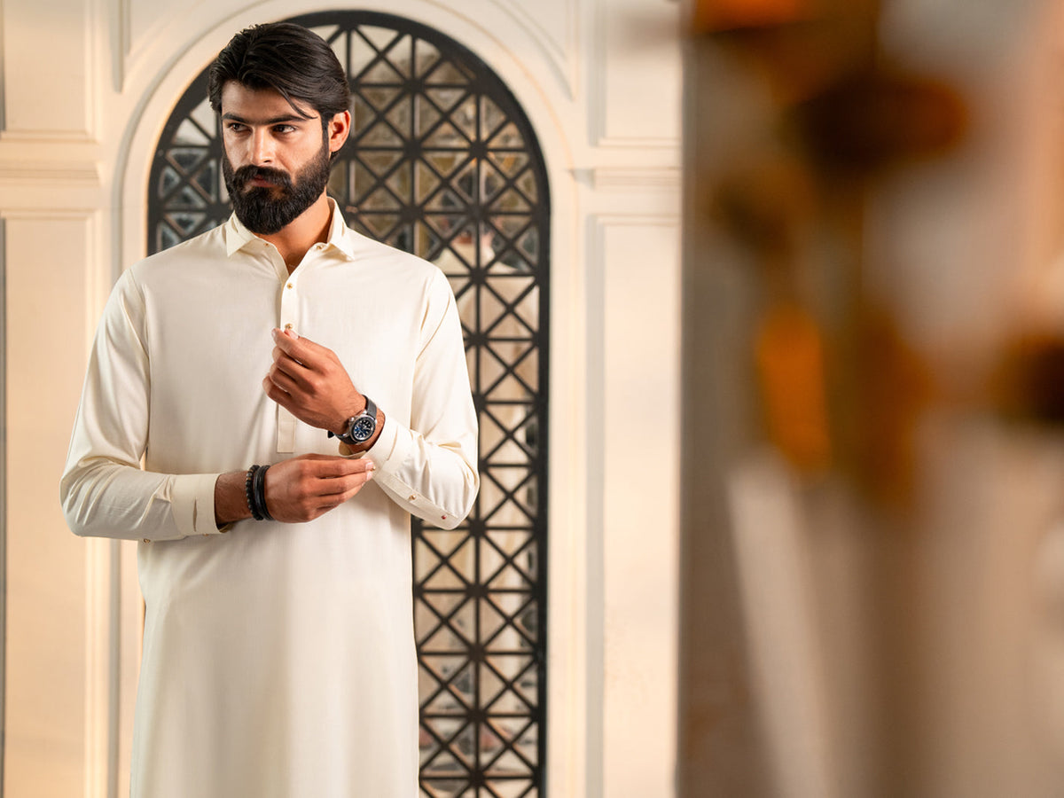 Off White Cut & Sew Kameez Shalwar - ALWA-KS-613A