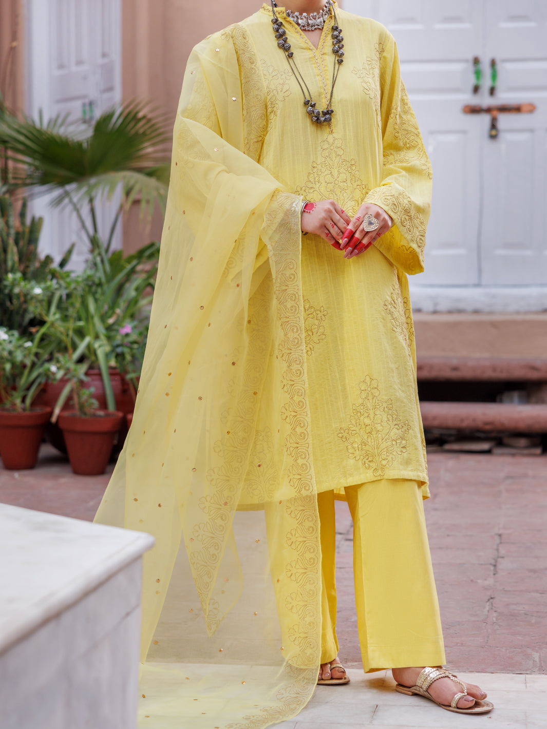 Yellow Dobby Jacquard 3Pc Unstitched - ALP-3PS-1952