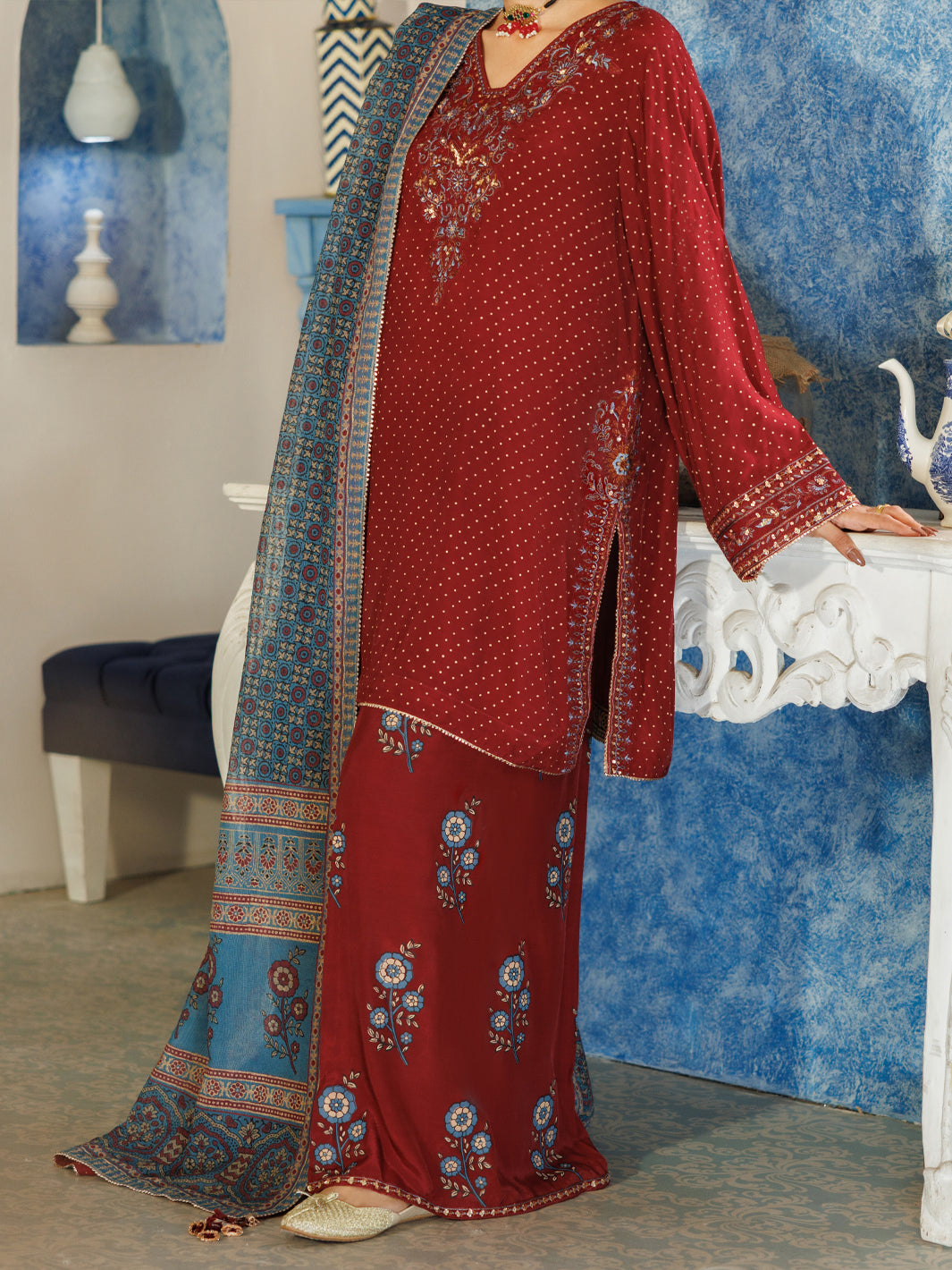 Maroon Thai Silk Stitched 3Pc - ALP-3PS-2381
