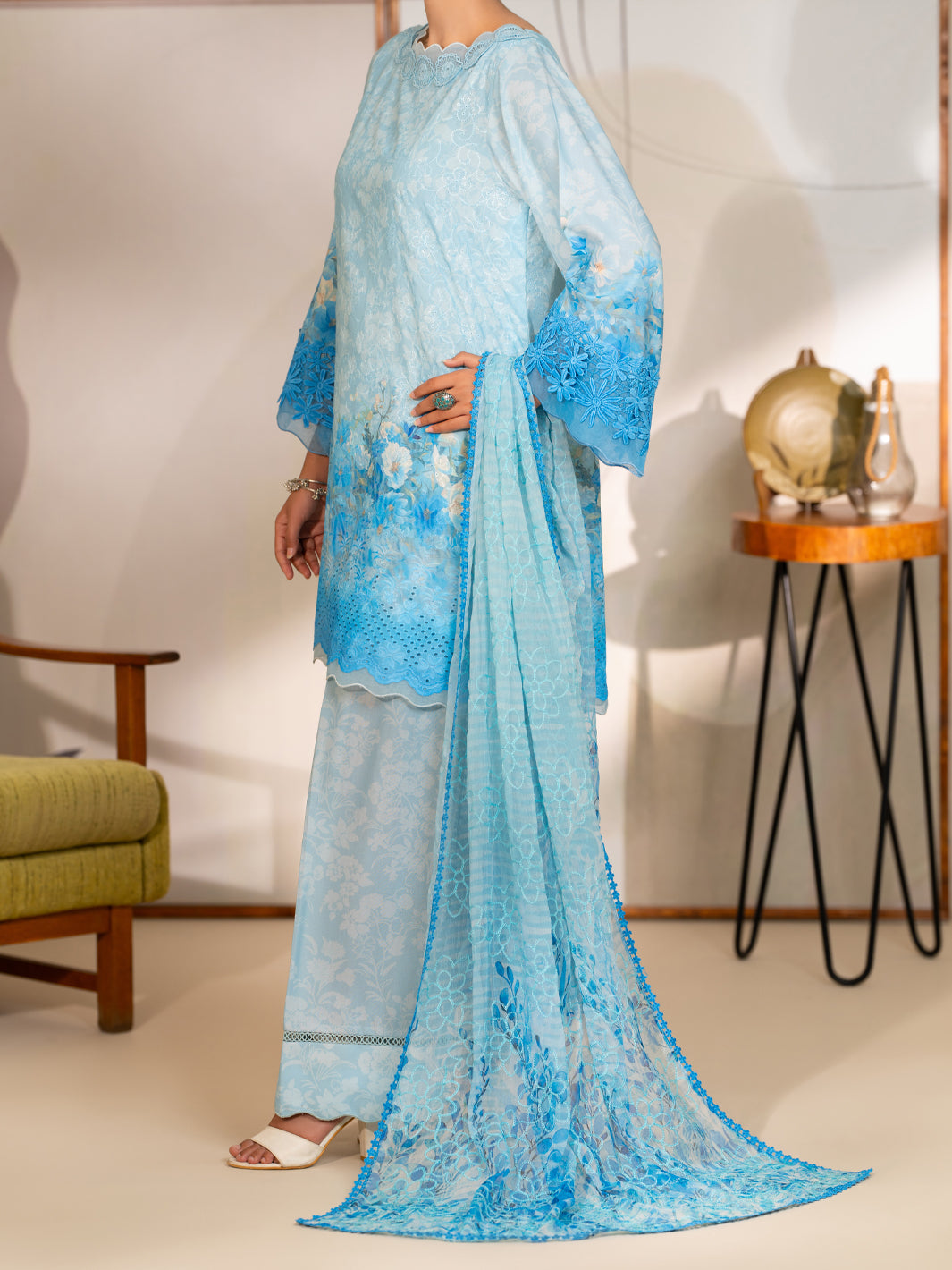 Sky Blue Poly Lawn Stitched 3Pc- ALP-3PS-2415