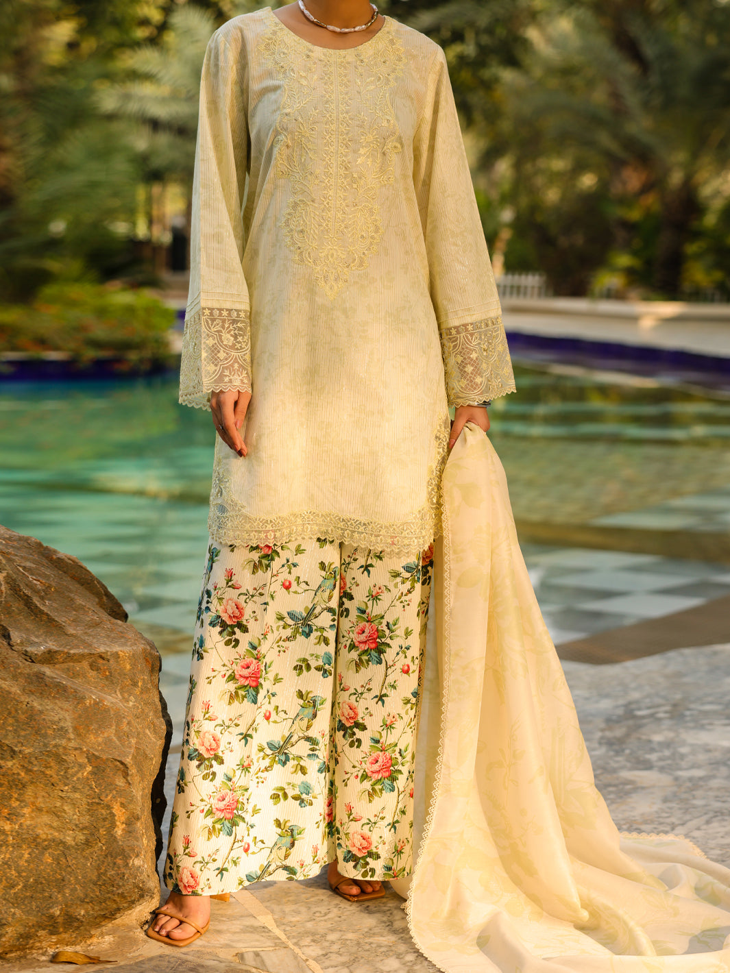 Off White Golden Lurex 3Pc Unstitched - ALP-3PS-2452