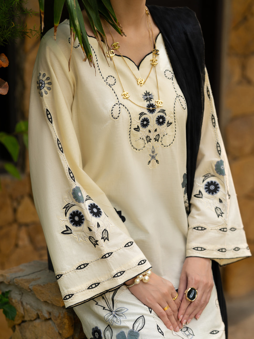 Black & White Cambric Stitched 3Pc- ALP-3PS-2578