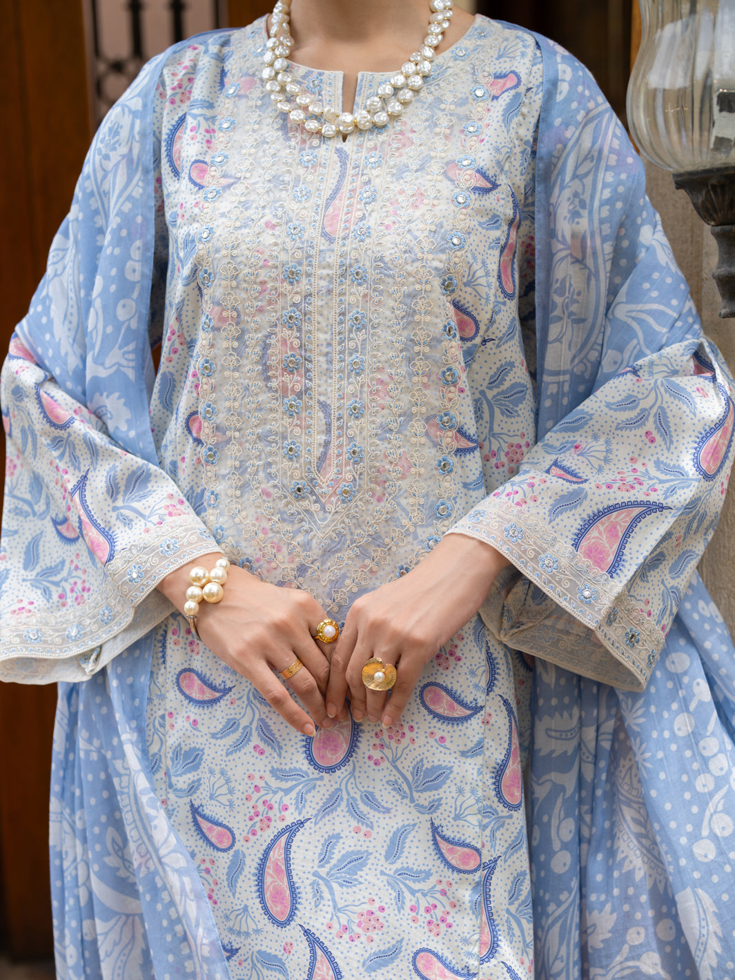 Ice Blue Cotton Stitched 3Pc - ALP-3PS-2582