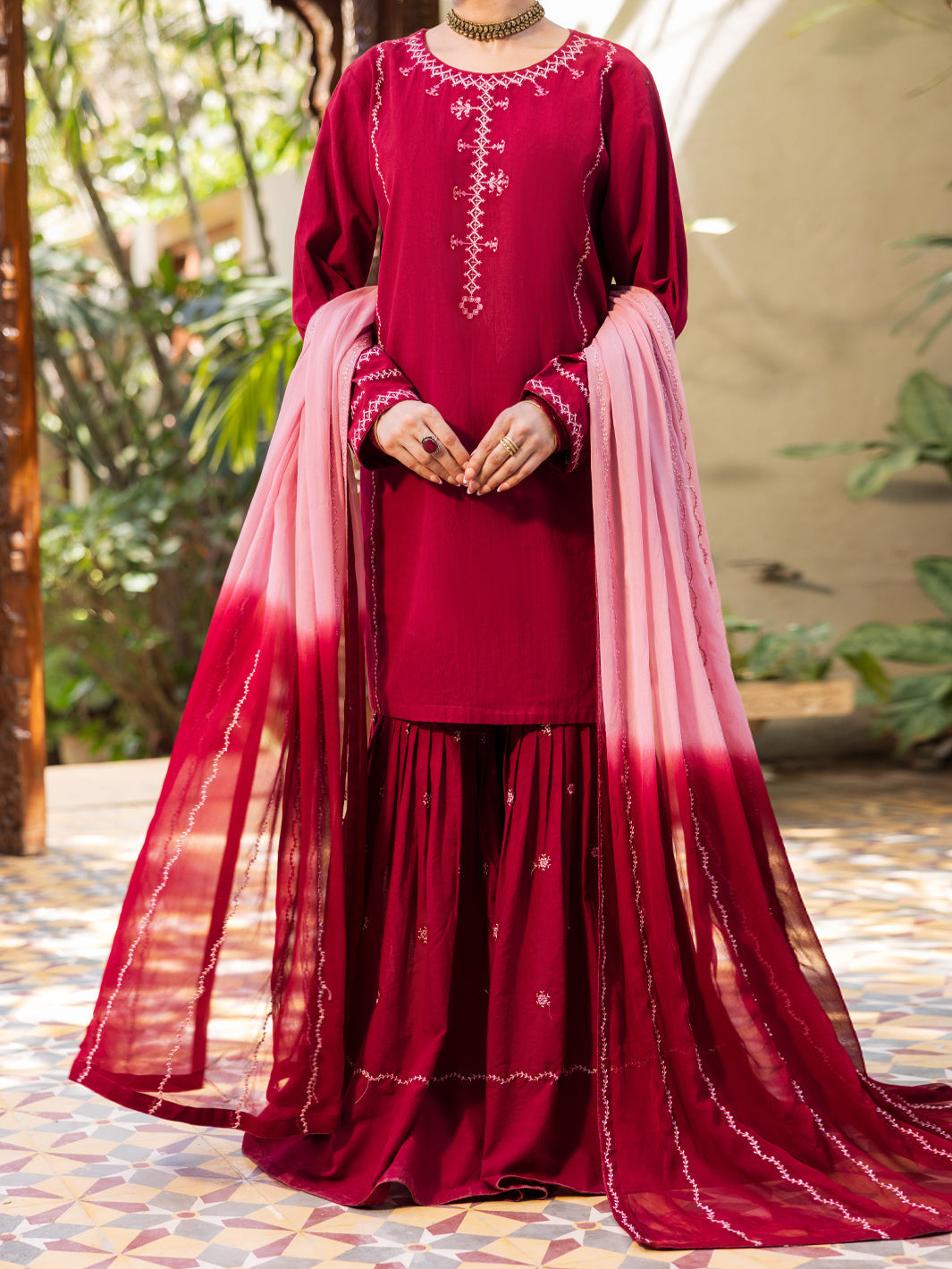 Maroon Cambric Stitched 3Pc- ALP-3PS-2599