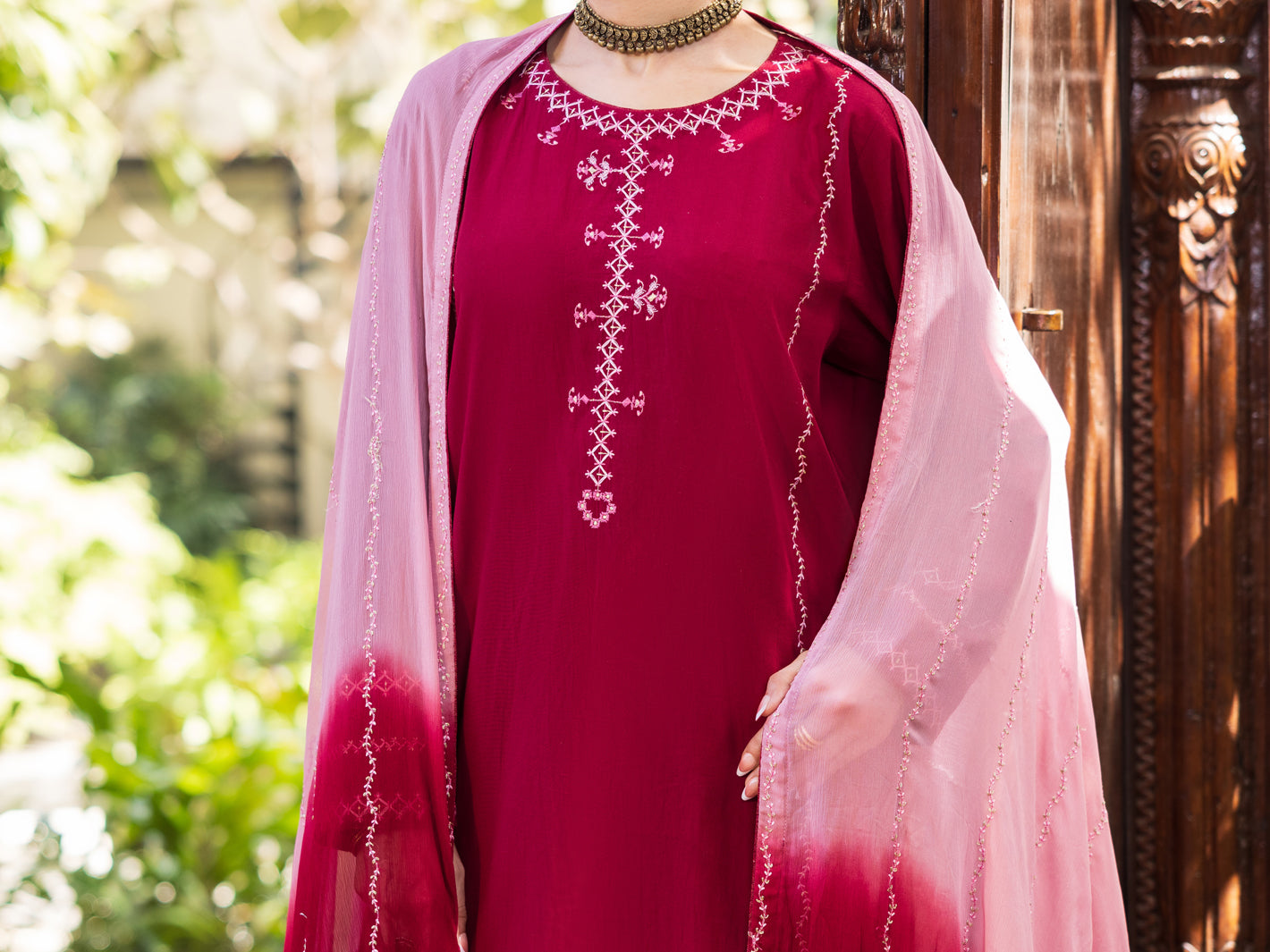 Maroon Cambric Stitched 3Pc- ALP-3PS-2599