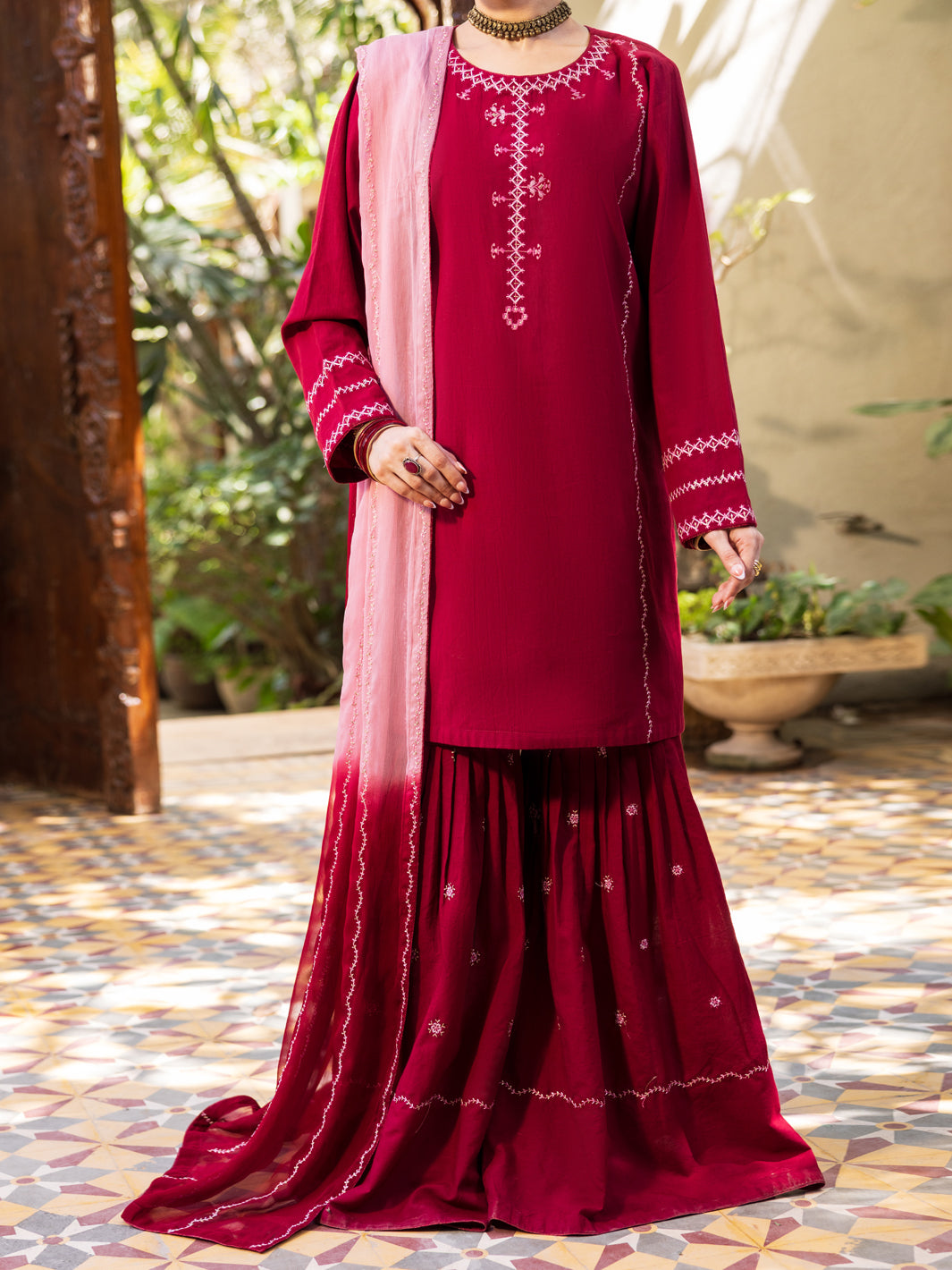 Maroon Cambric Stitched 3Pc- ALP-3PS-2599