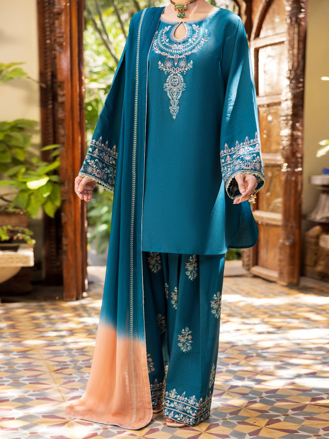 Turquoise Cambric Stitched 3Pc- ALP-3PS-2602