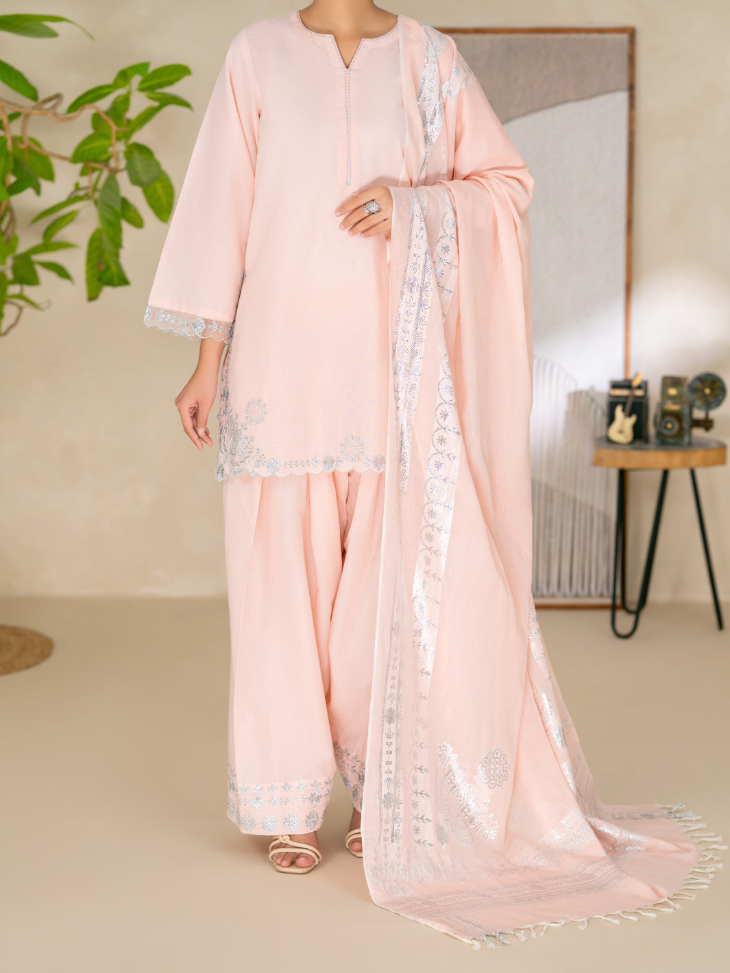 Pink Lurex Cotton Stitched 3Pc - ALP-3PS-2615