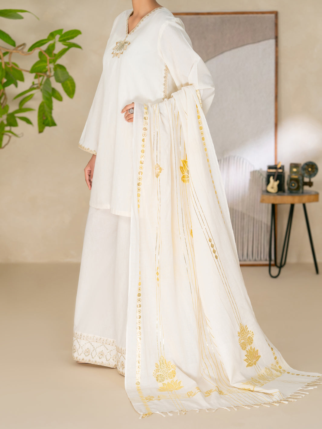 Off White Yarn Dyed Lurex Stitched 3Pc- ALP-3PS-2616