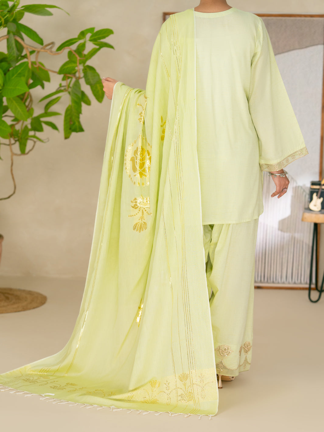 Light Green Golden Zari Lawn Stitched 3Pc- ALP-3PS-2618