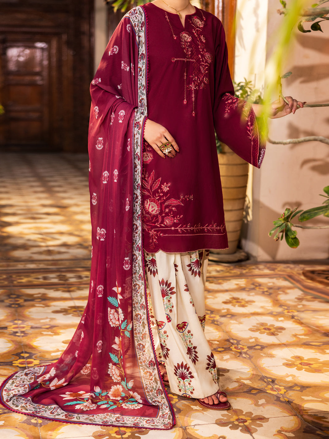 Maroon Cotton Stitched 3Pc - ALP-3PS-2629