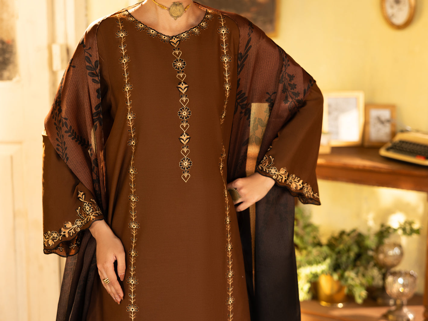 Brown Cambric Stitched 3Pc - ALP-3PS-2637