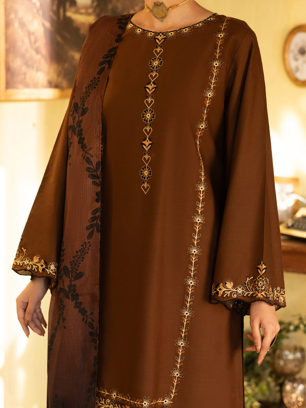 Brown Cambric Stitched 3Pc - ALP-3PS-2637