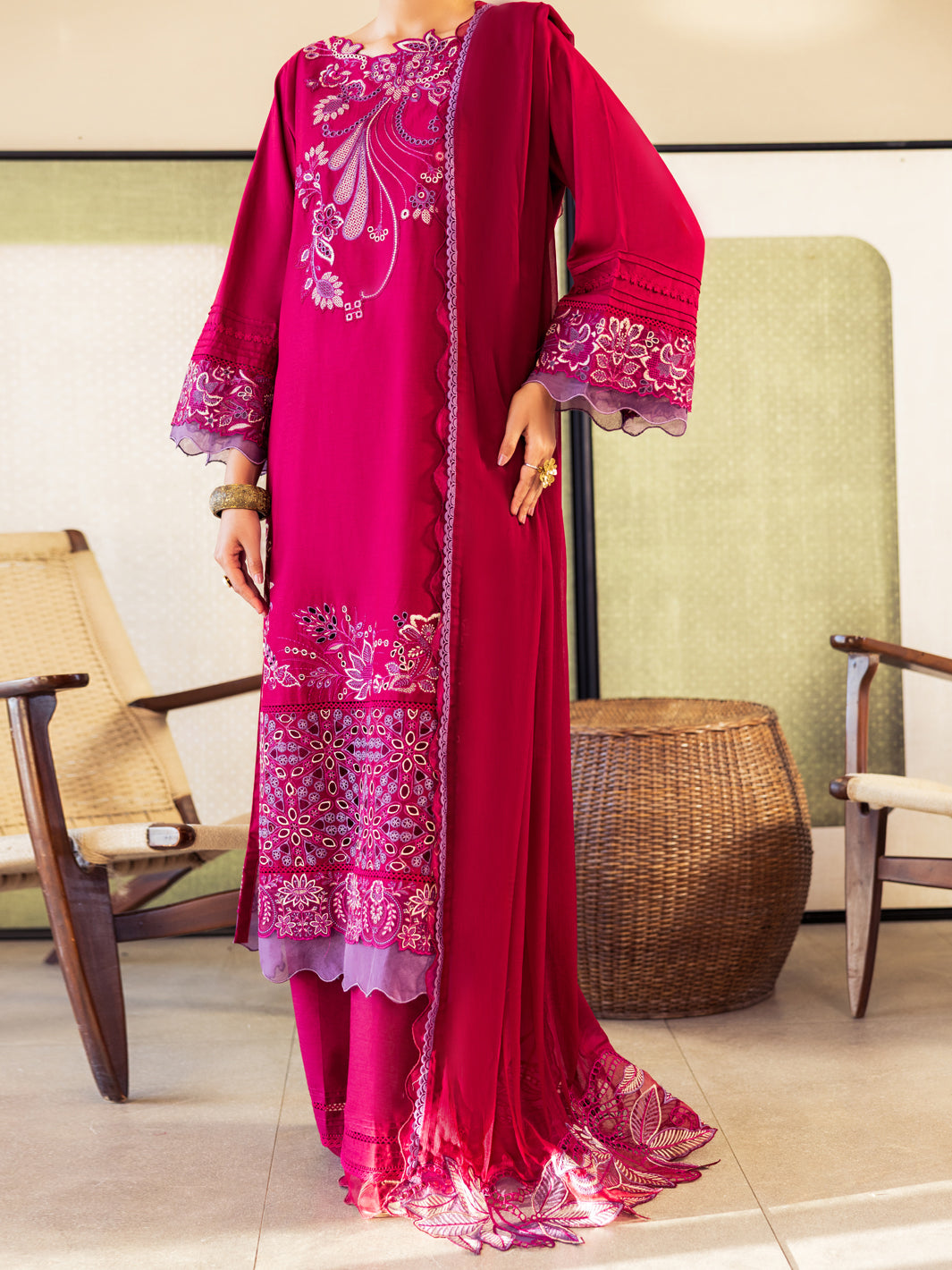 Fuchsia Cotton Stitched 3Pc - ALP-3PS-2644