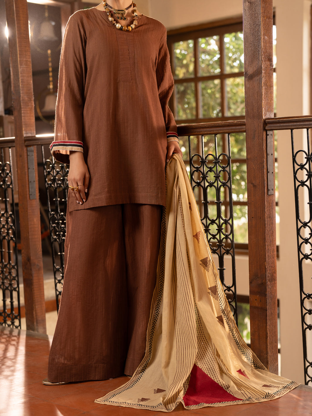 Brown Cotton Dobby Stitched 3Pc - ALP-3PS-2671
