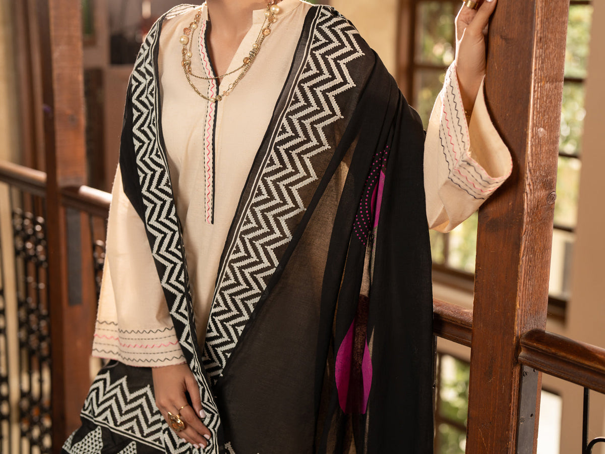 Off White Cotton Stitched 3Pc - ALP-3PS-2674